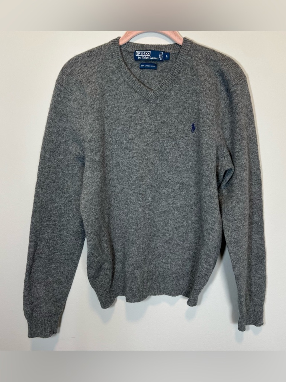 Polo Ralph Lauren Lambswool V-Neck Sweater Large Gray Preppy Cozy Knit Wool